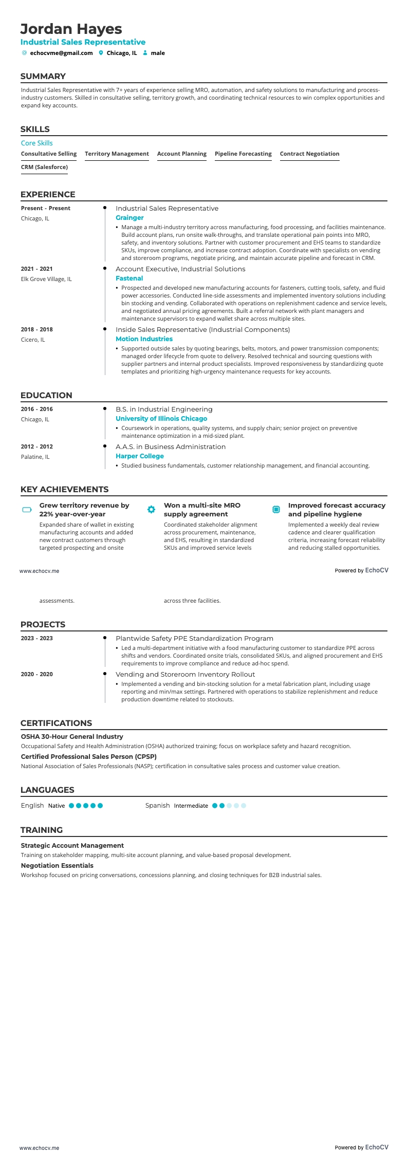 Industrial Sales Representative example resume