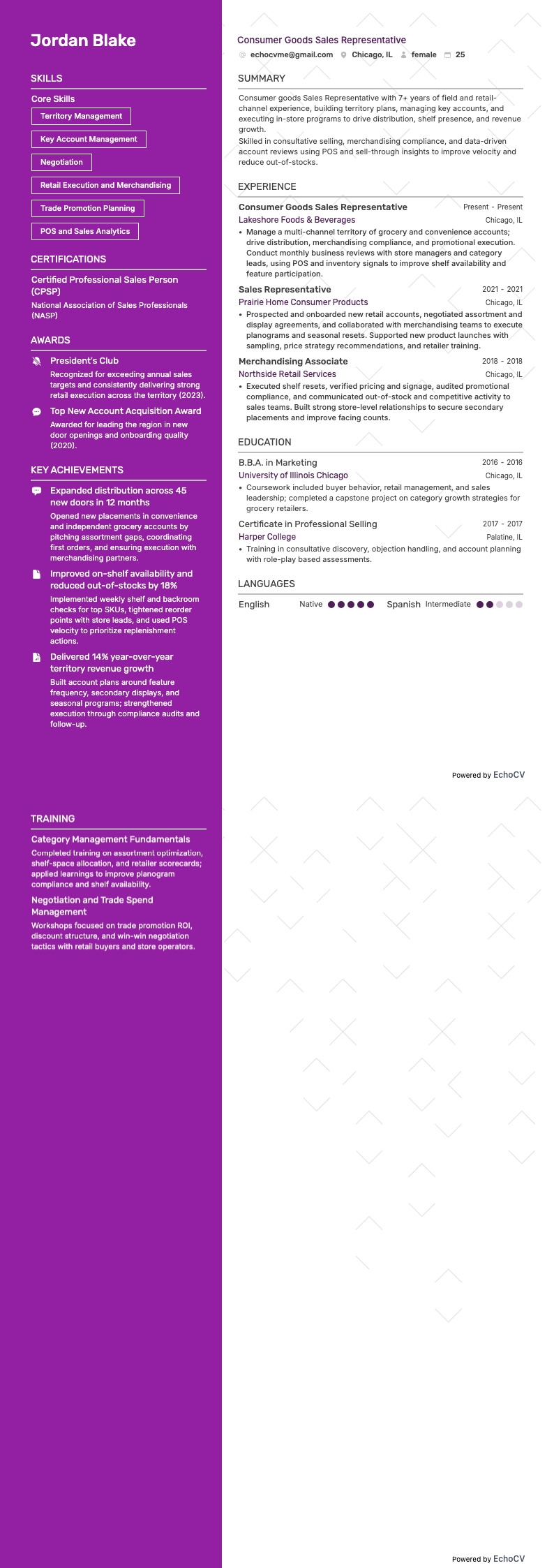 Consumer Goods Sales Representative example resume