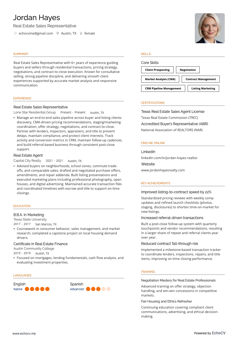 Real Estate Sales Representative example resume