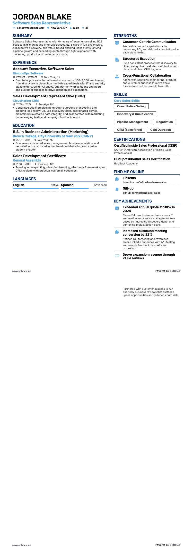 Software Sales Representative example resume