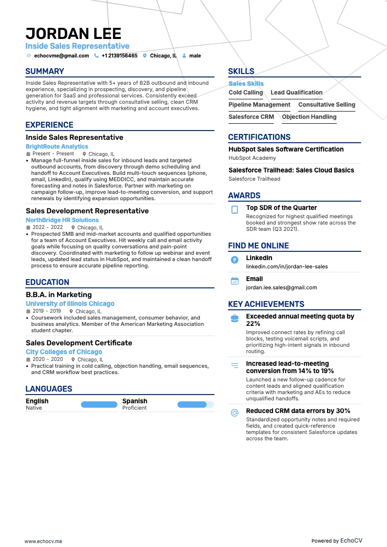 Inside Sales Representative example resume