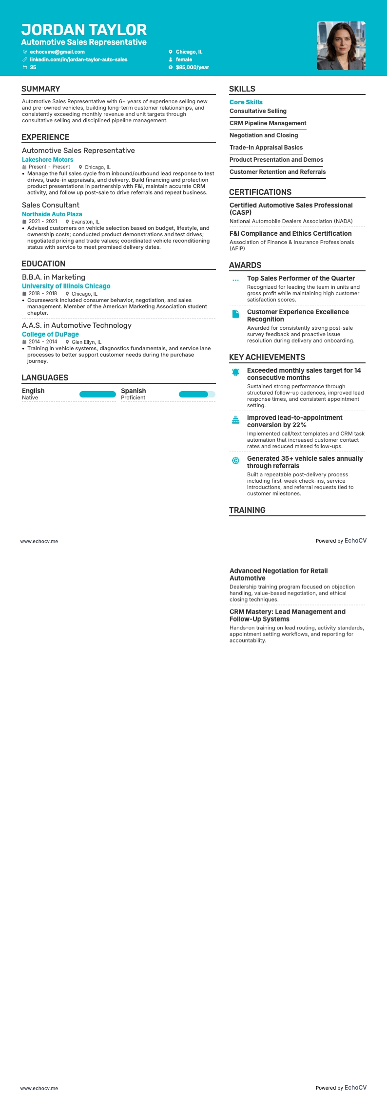 Automotive Sales Representative example resume