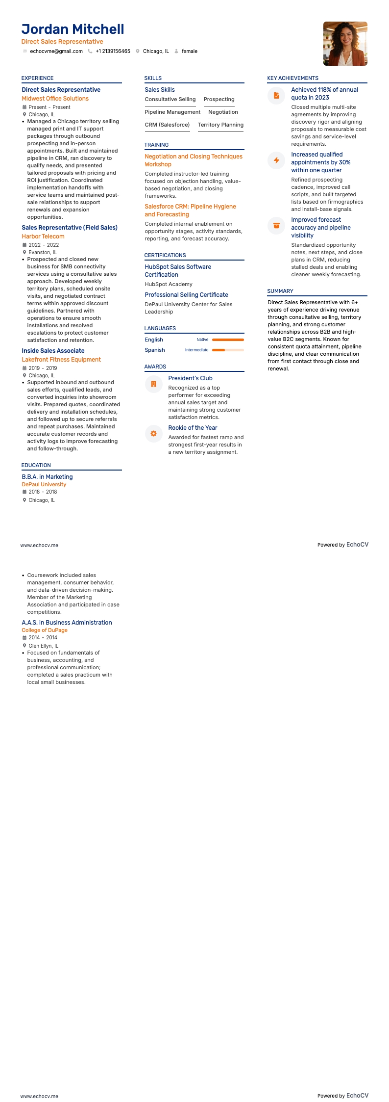 Direct Sales Representative example resume