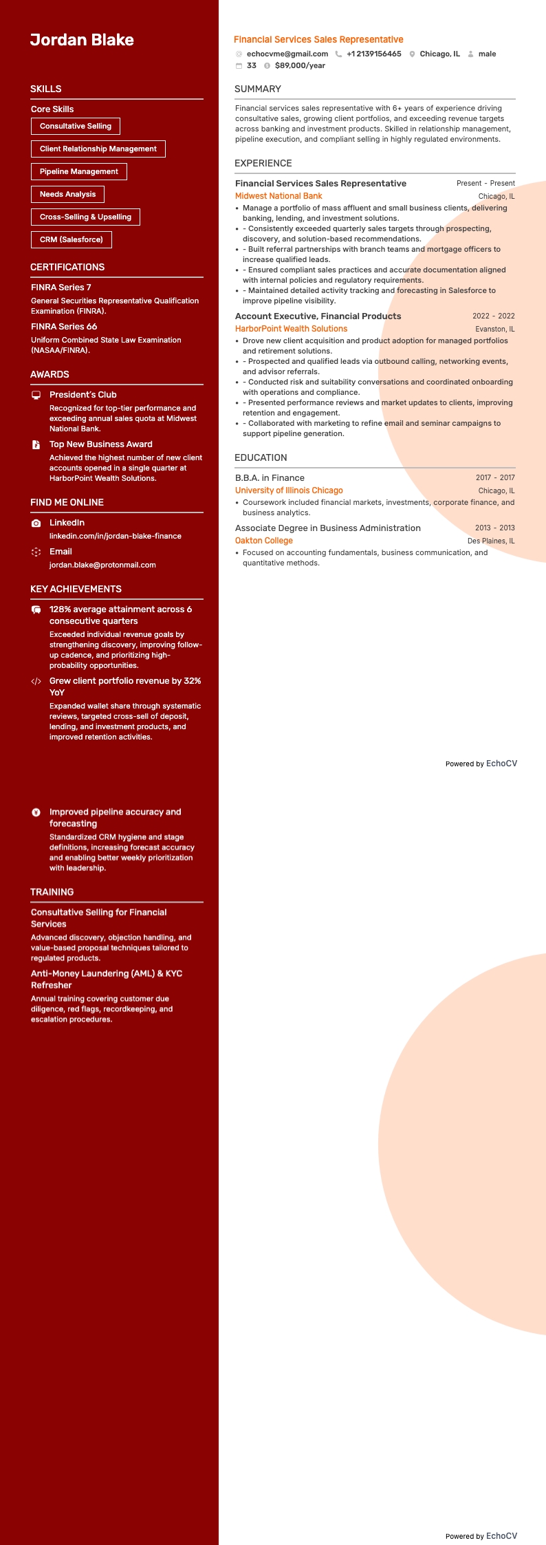 Financial Services Sales Representative example resume