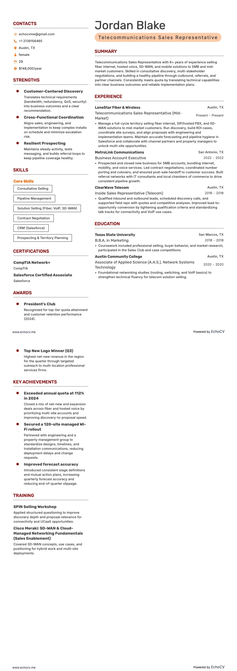 Telecommunications Sales Representative example resume