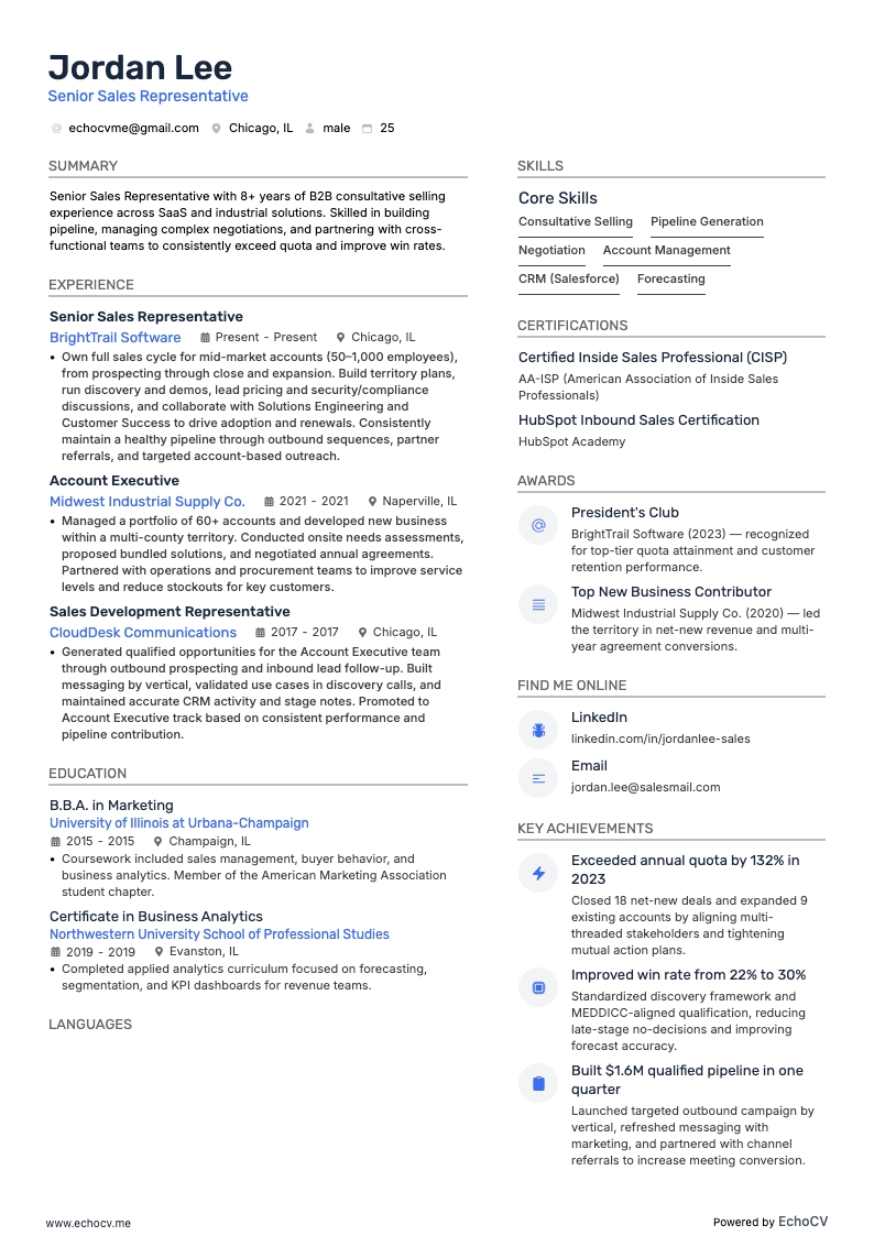 Senior Sales Representative example resume