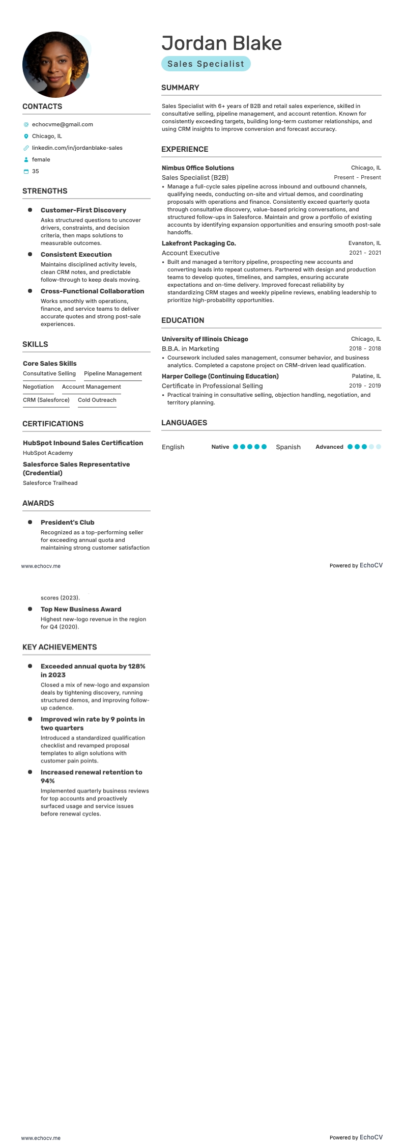 Specialista vendite resume example