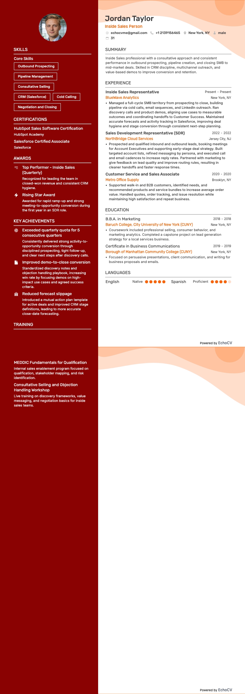 Inside Sales Person example resume