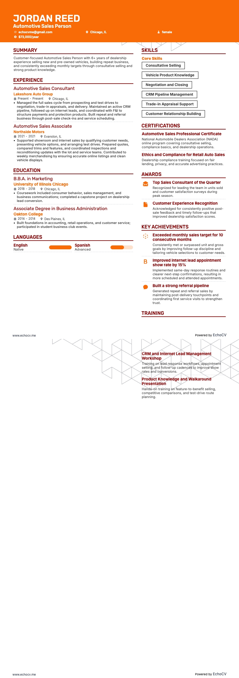 Automotive Sales Person example resume