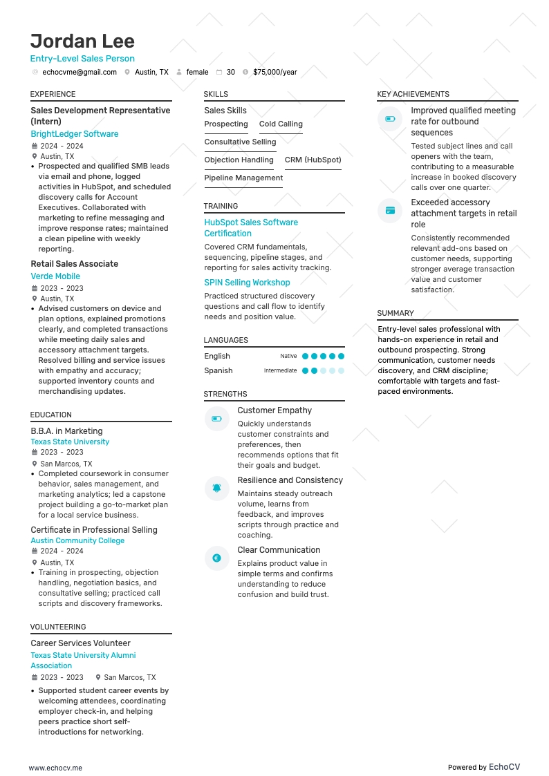 Entry-Level Sales Person example resume