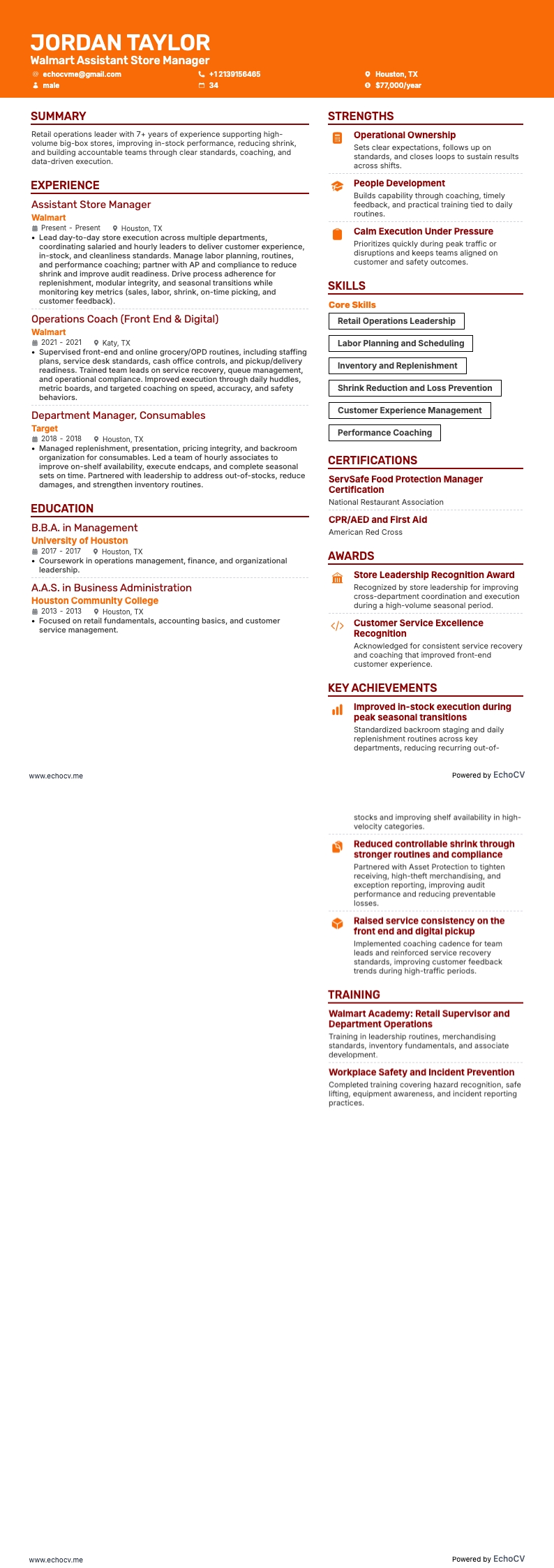 Walmart Assistant Store Manager example resume