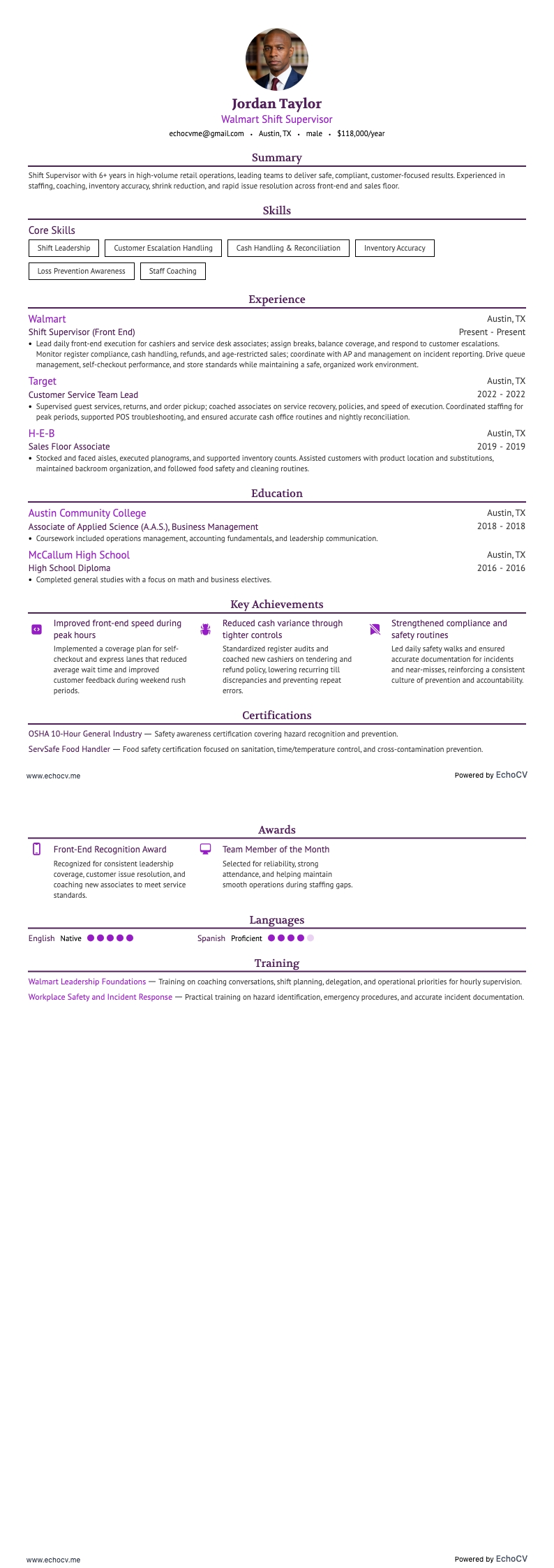 Walmart Shift Supervisor example resume