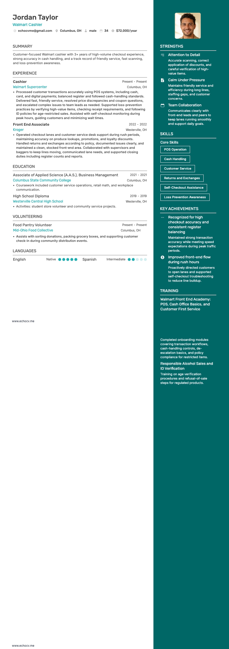 Walmart Cashier example resume