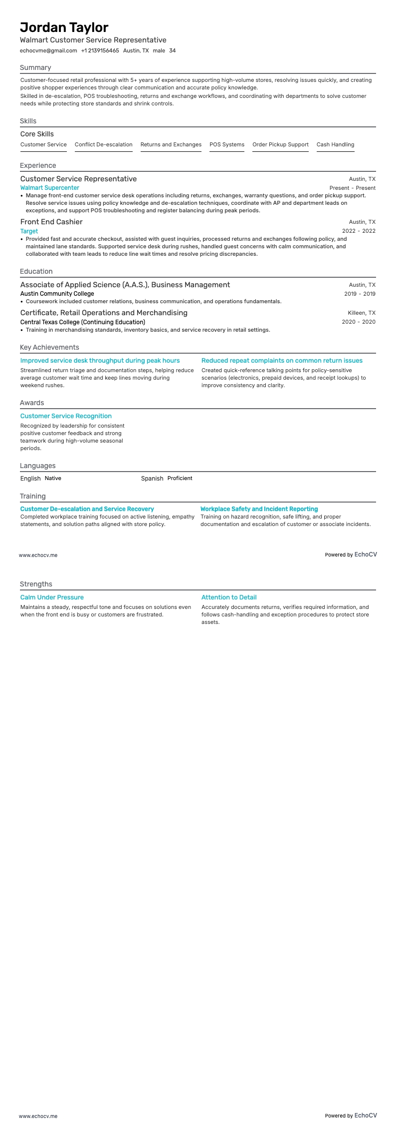 Walmart Customer Service Representative example resume