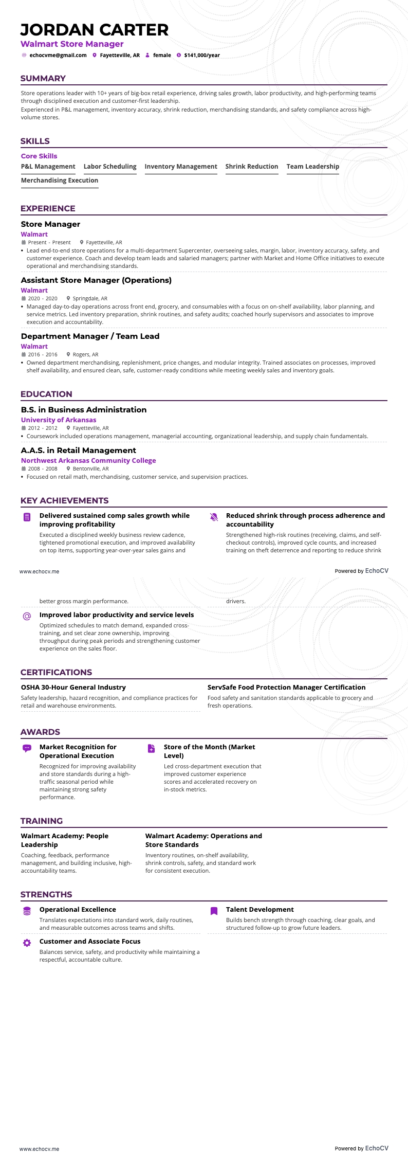 Walmart Store Manager example resume