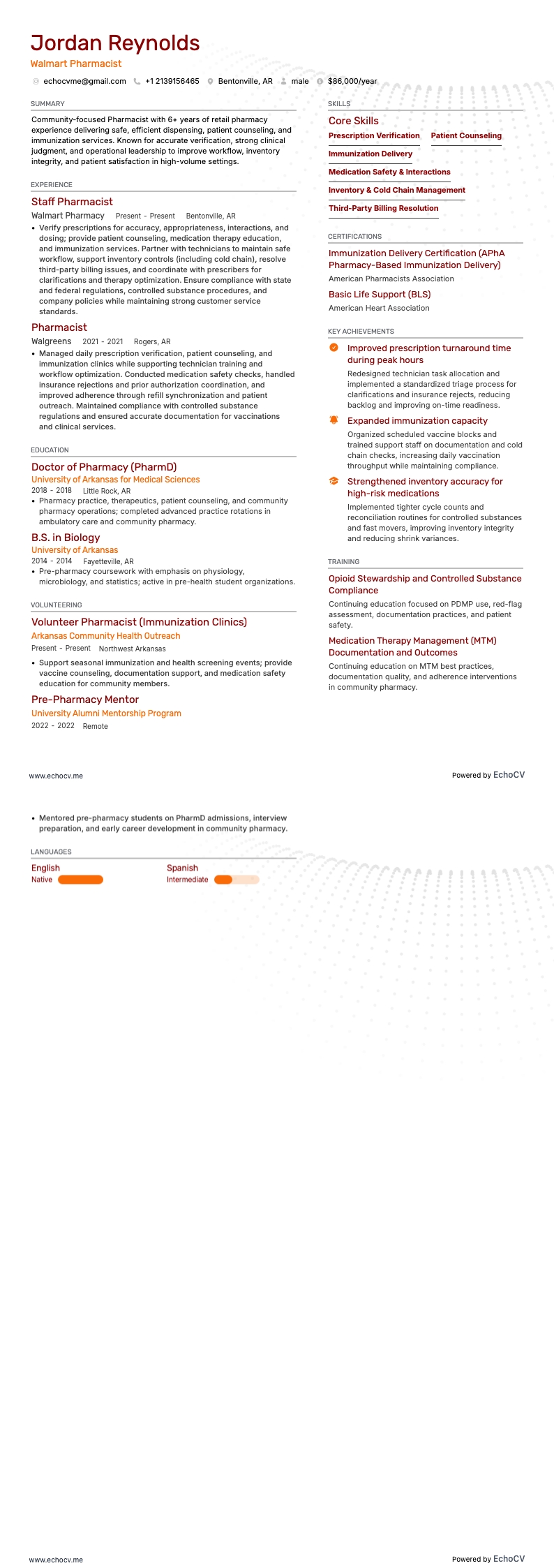 Walmart Pharmacist example resume