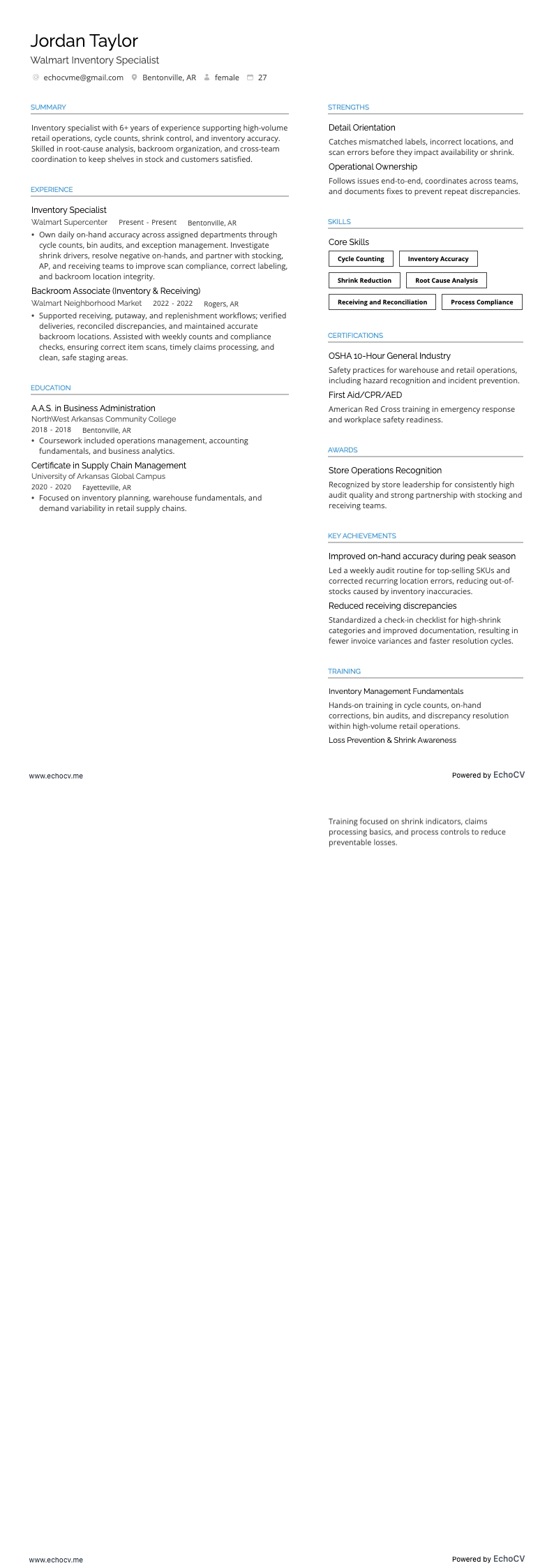 Walmart Inventory Specialist example resume