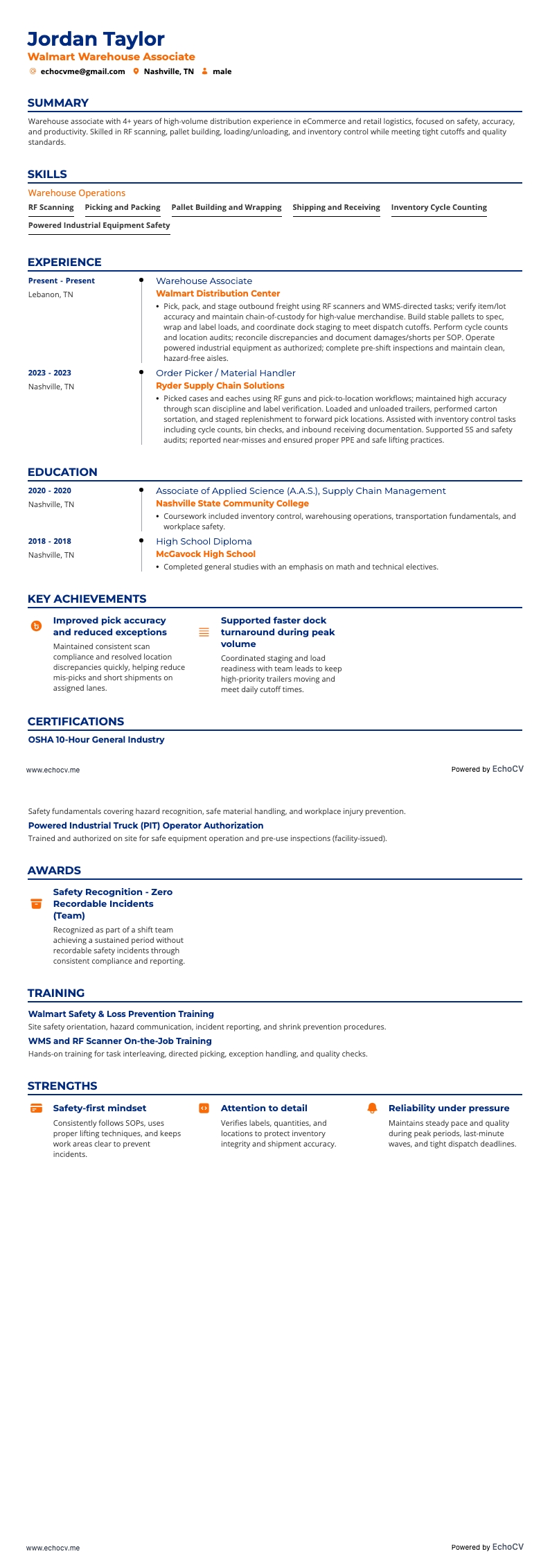Walmart Warehouse Associate example resume