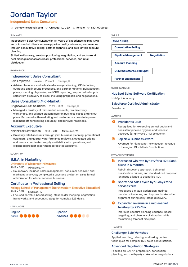 Oberoende säljkonsult example resume