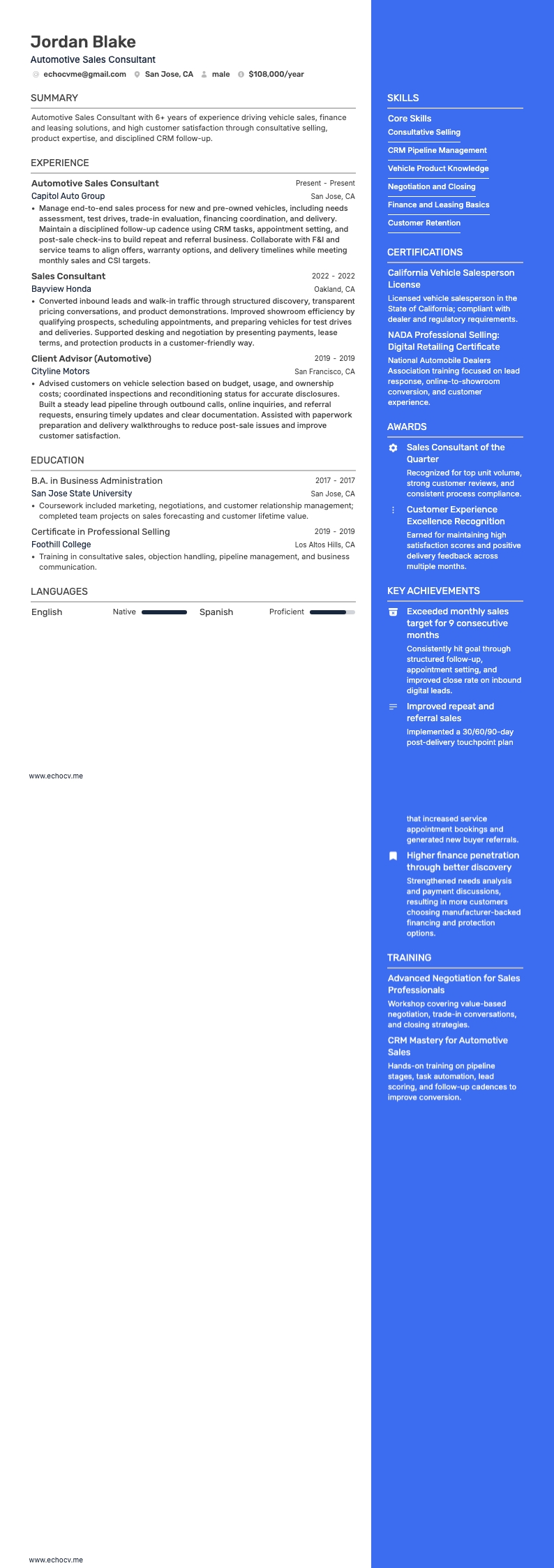 Bilförsäljningskonsult example resume