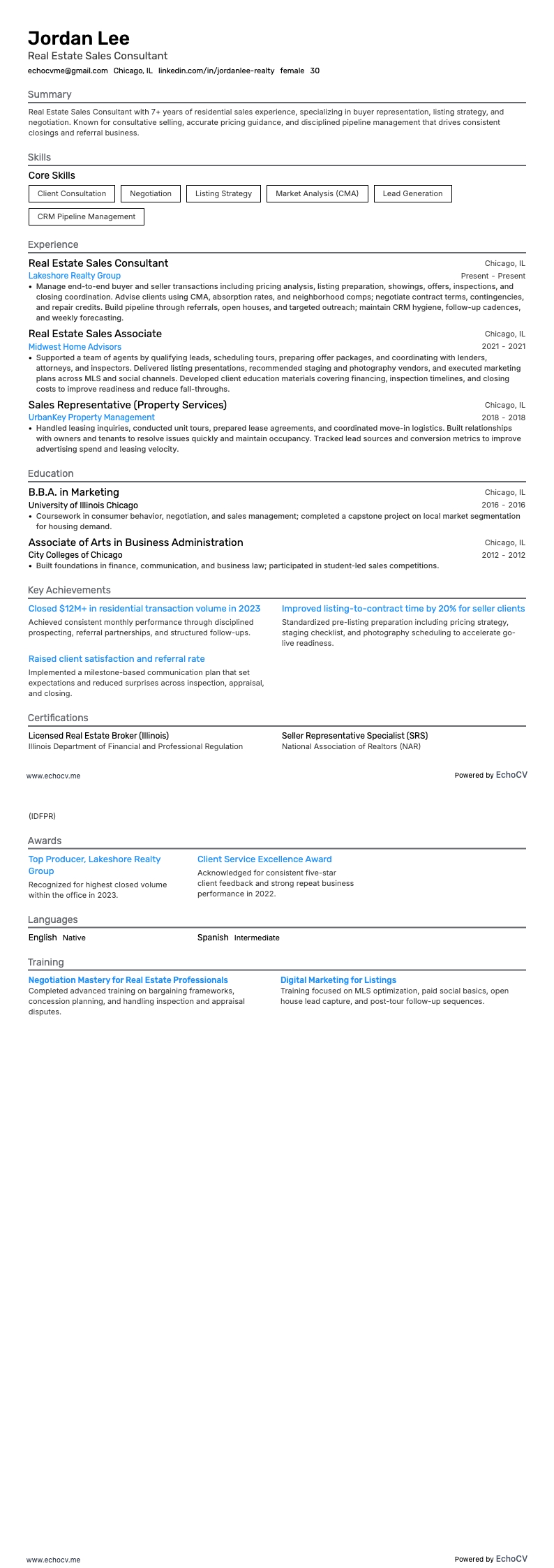 Konsult inom fastighetsförsäljning example resume