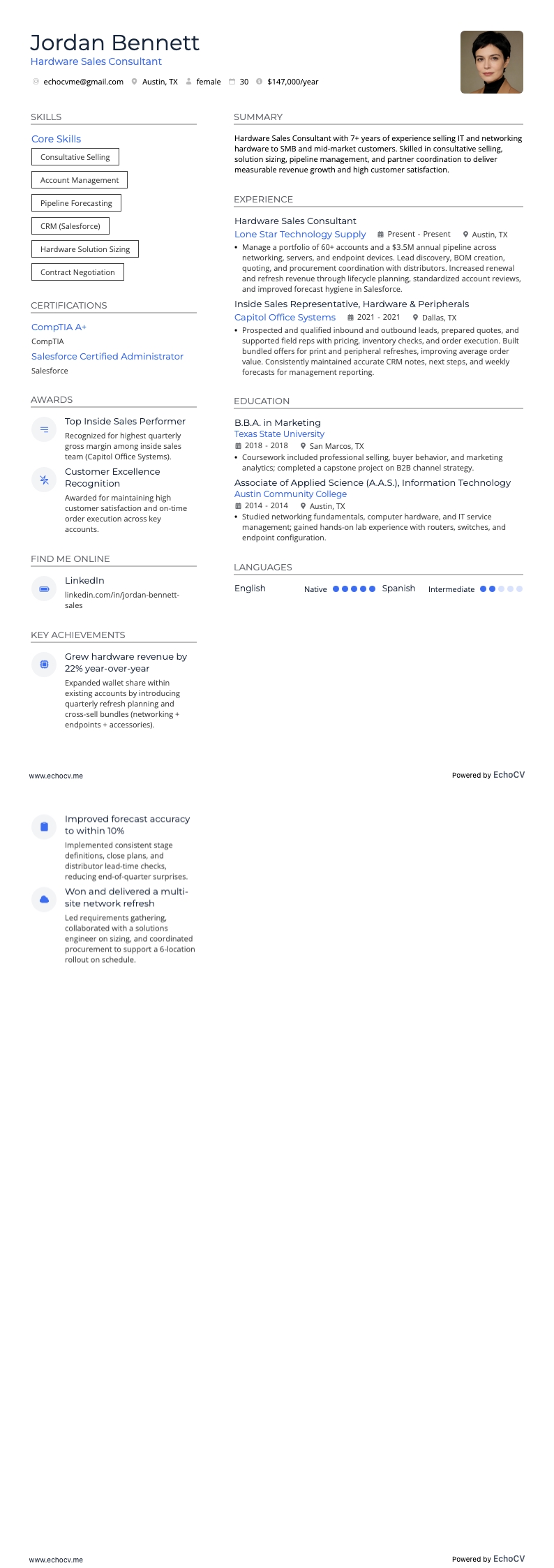 Säljkonsult inom hårdvara example resume