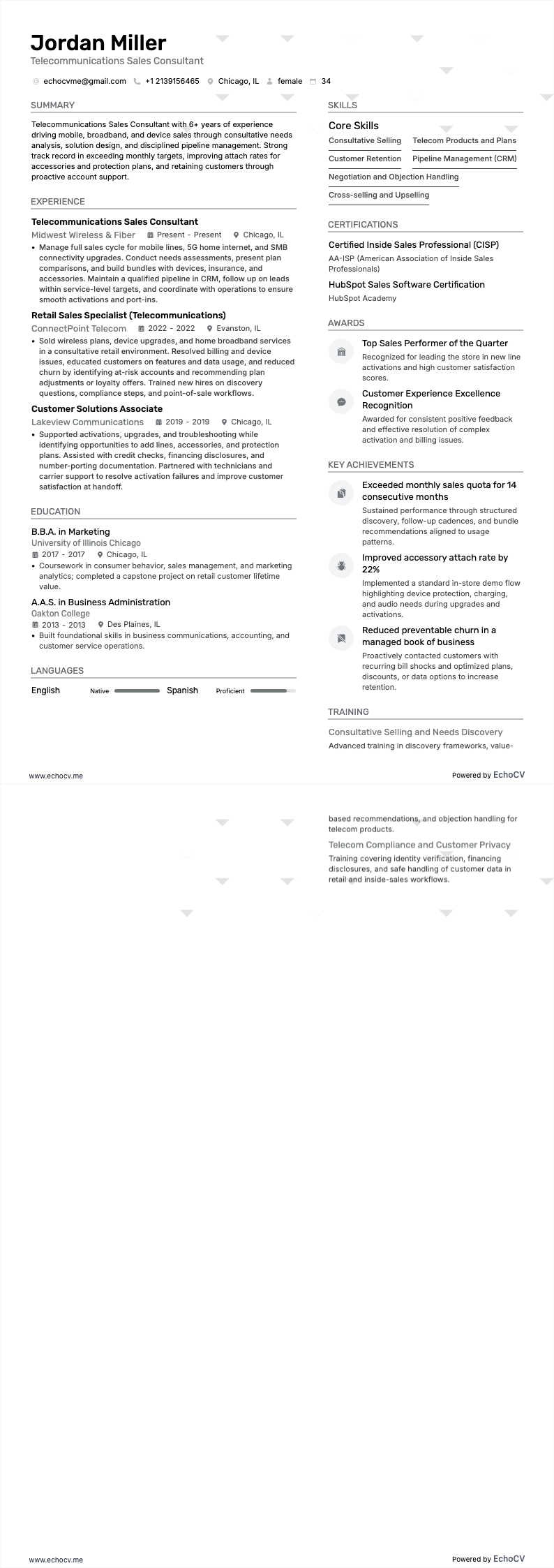 Säljkonsult inom telekommunikation resume example