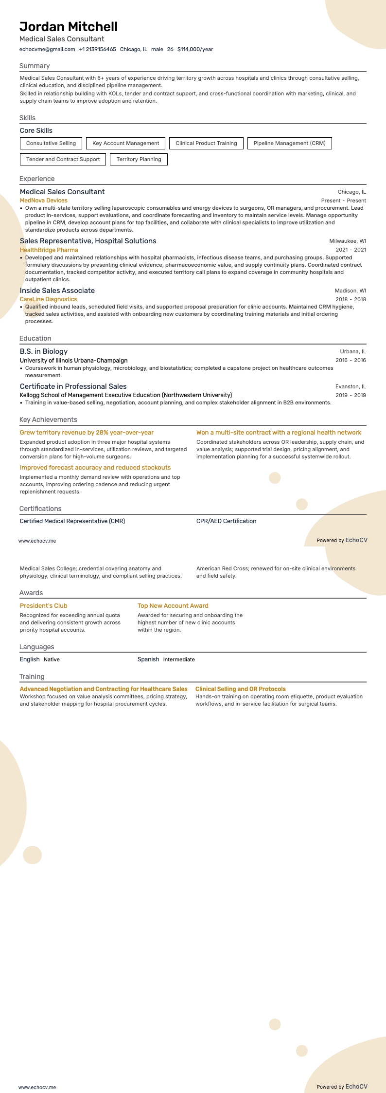 Medicinsk säljkonsult example resume