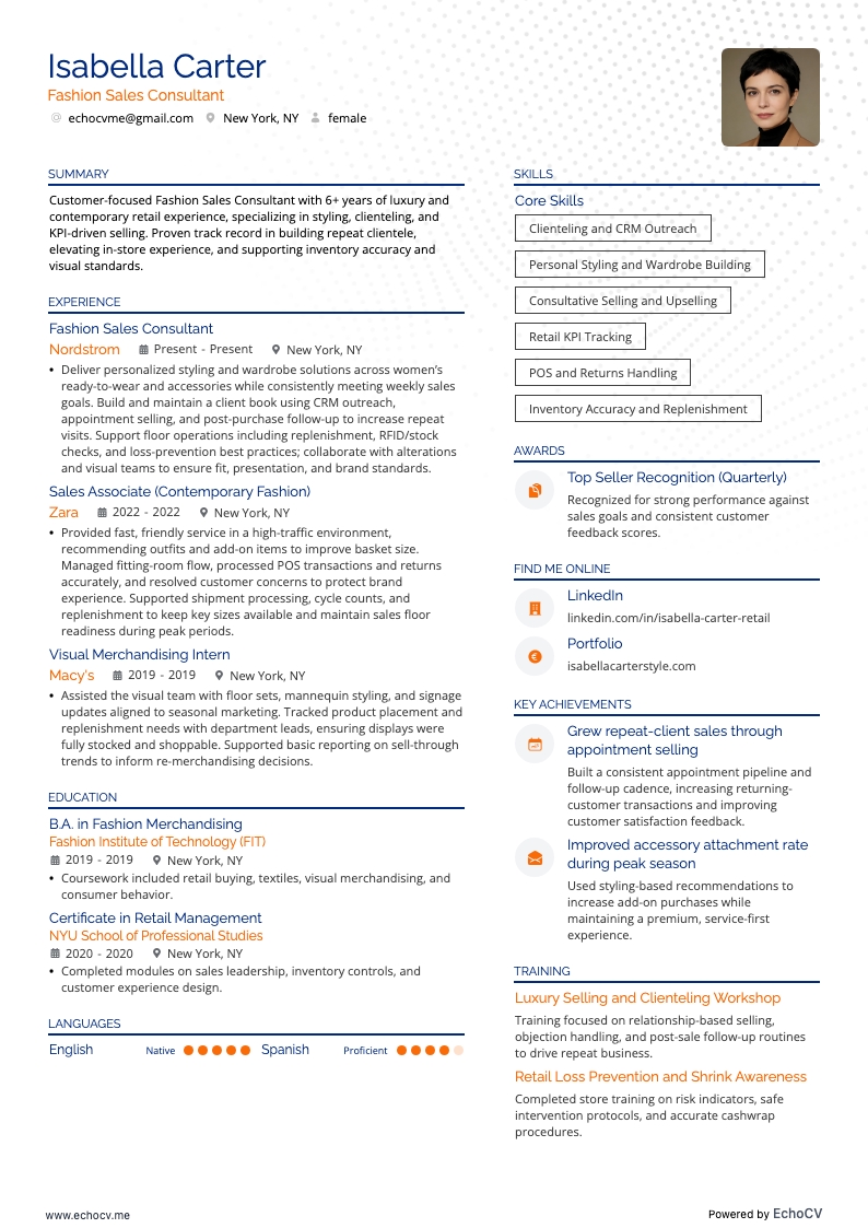 Modesäljrådgivare example resume