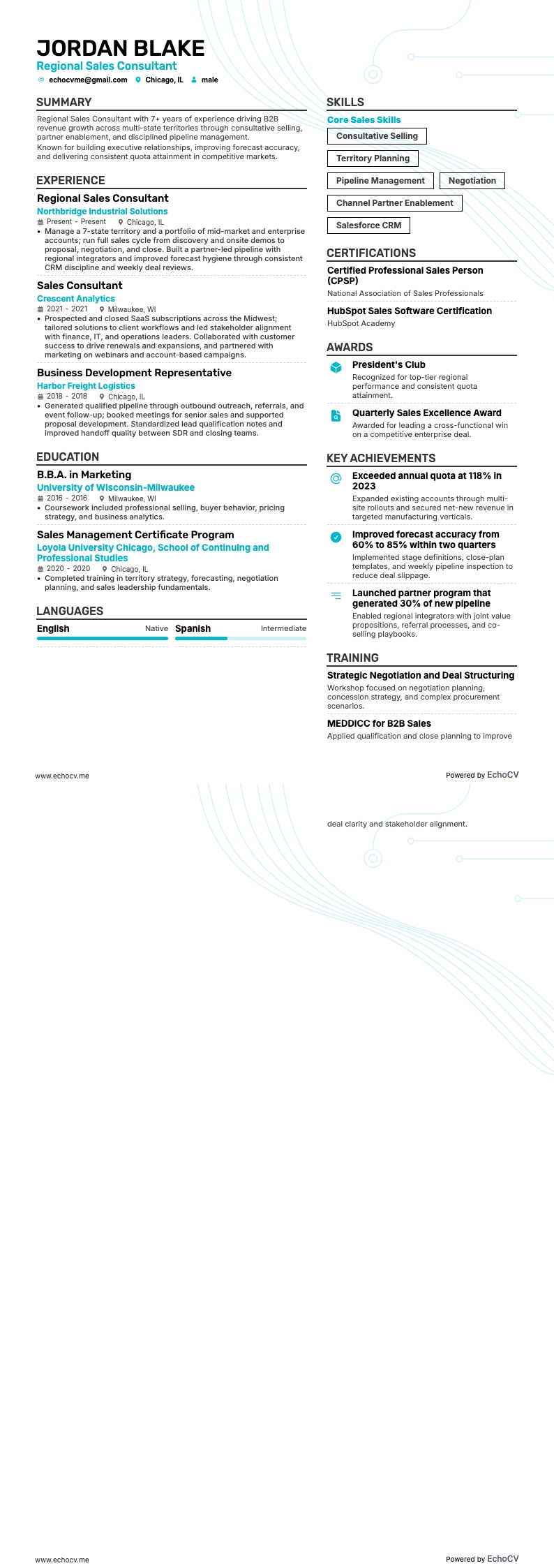 Regional säljkonsult example resume