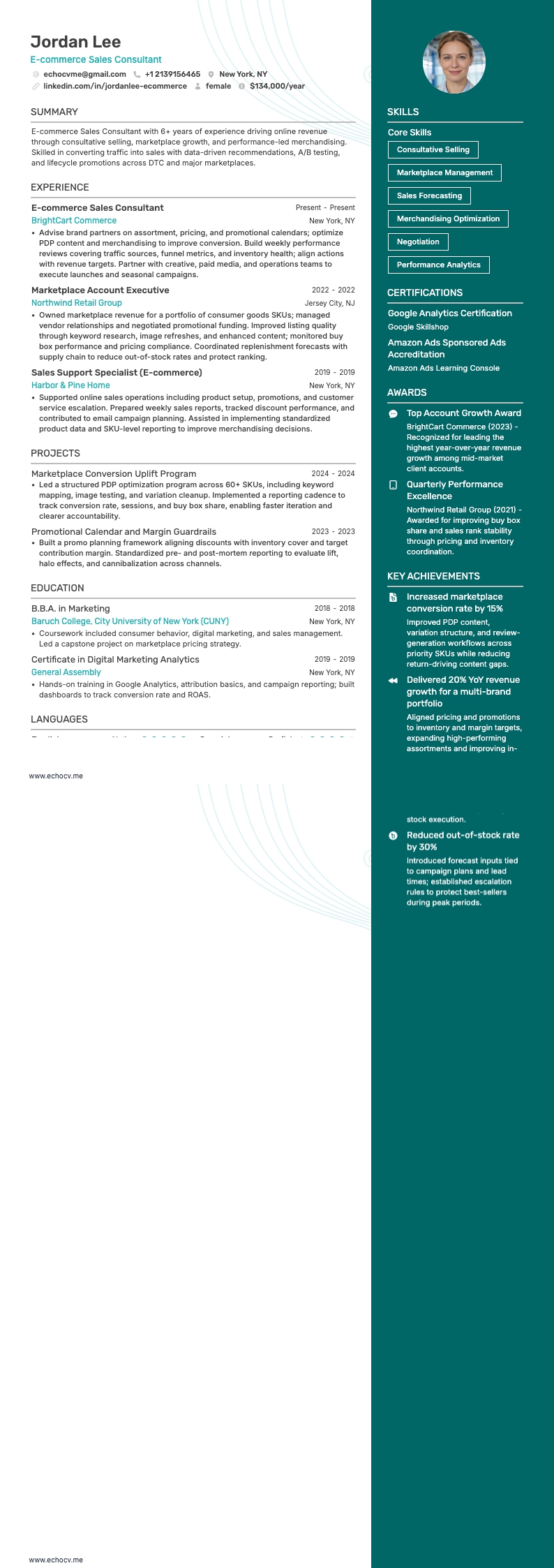 E-handelsförsäljningskonsult example resume