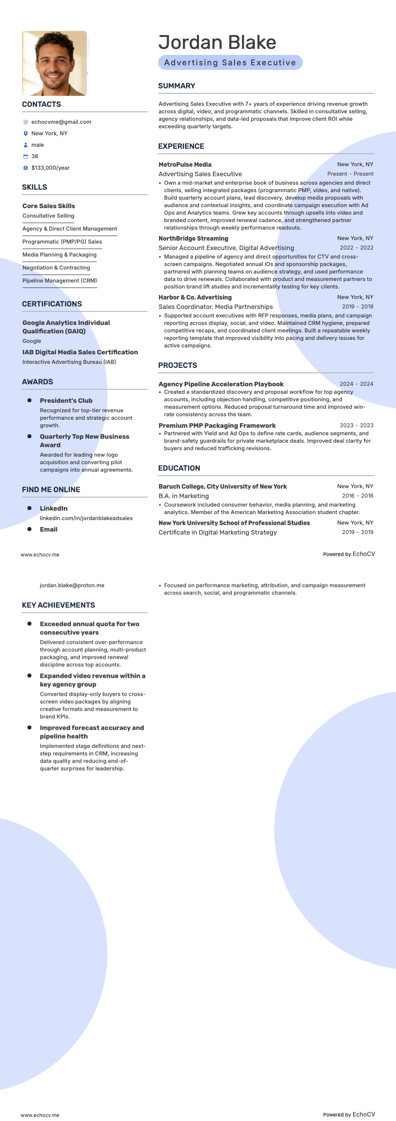 Executivo de vendas publicitárias example resume