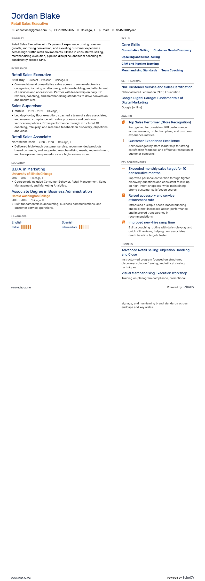 Executivo de vendas no varejo example resume