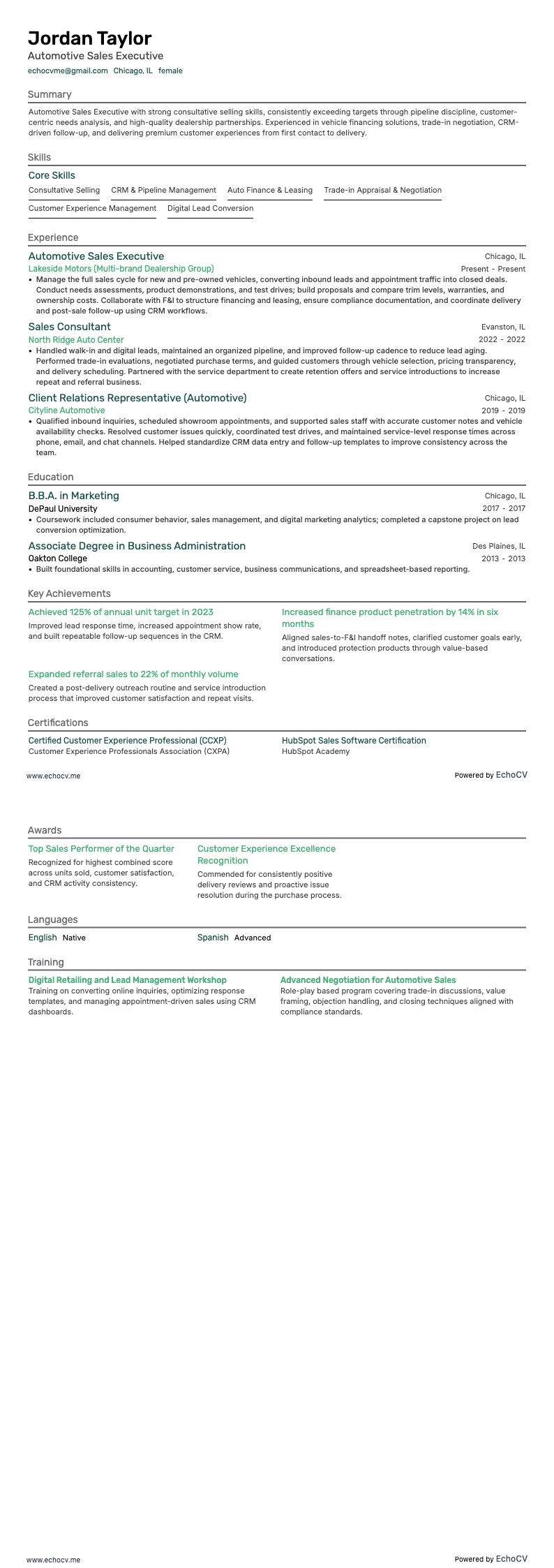 Executivo de vendas automotivas example resume