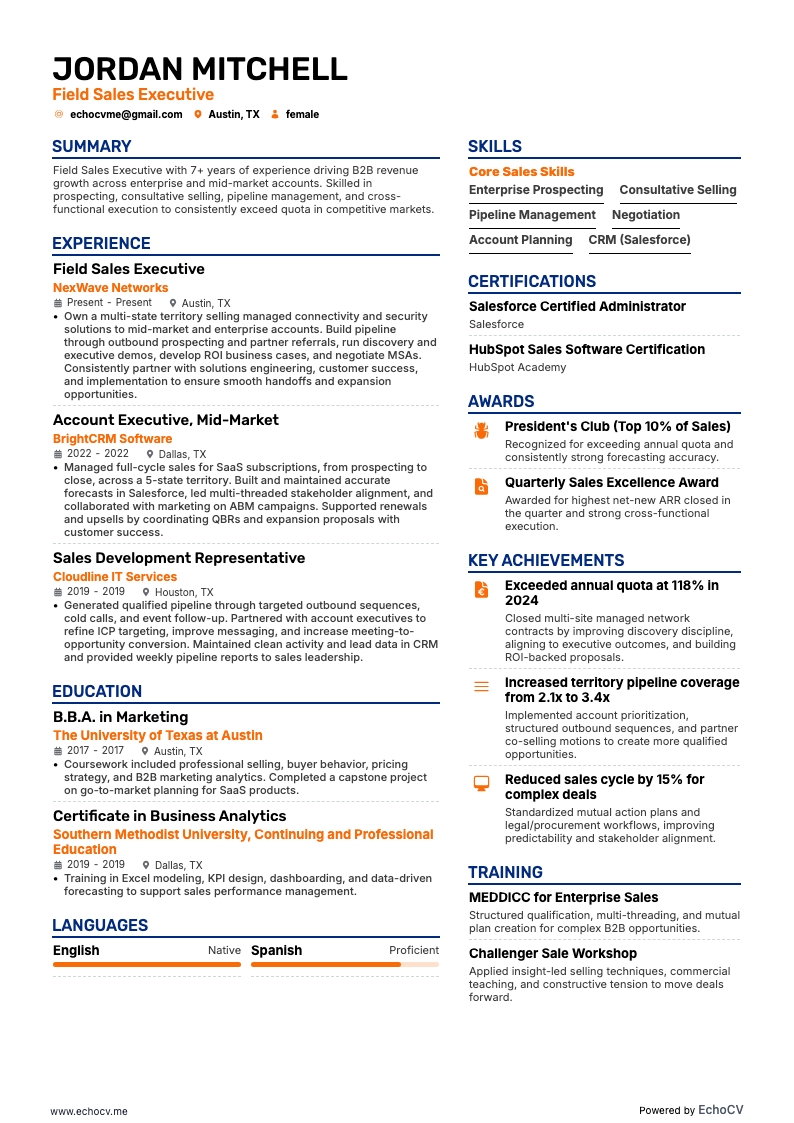 Executivo de vendas de campo resume example