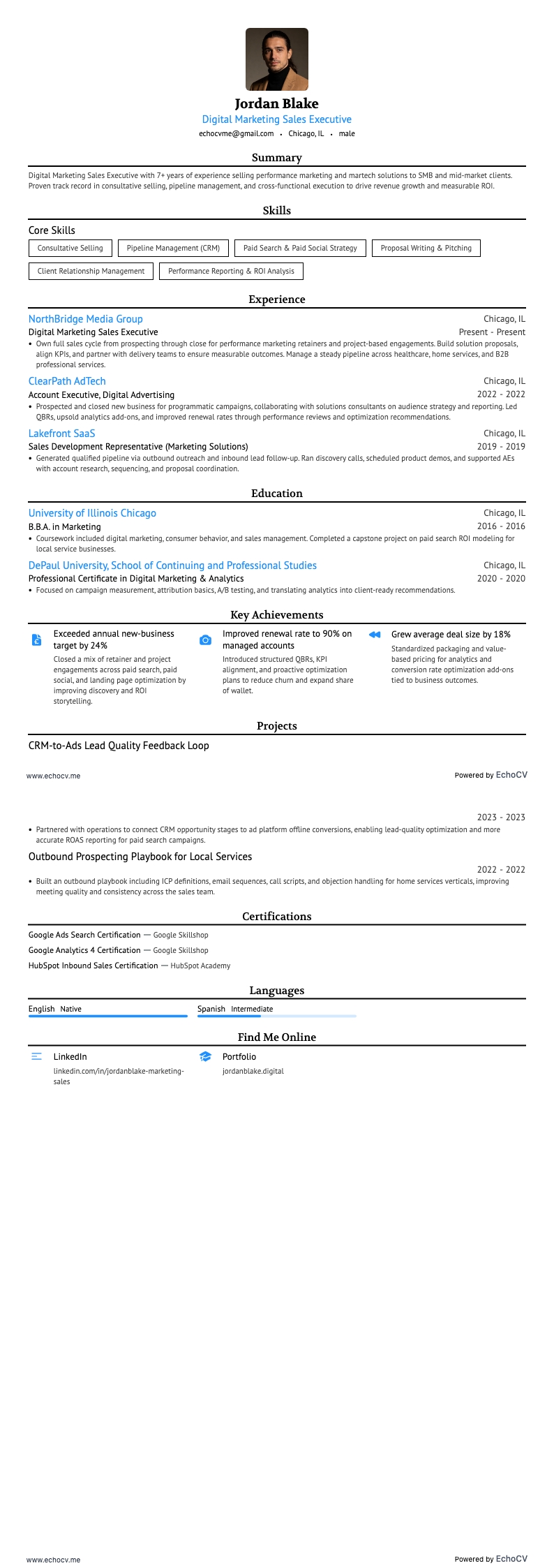 Executivo de vendas de marketing digital example resume