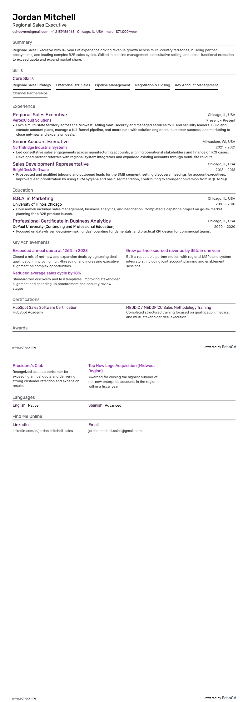 Executivo Regional de Vendas example resume