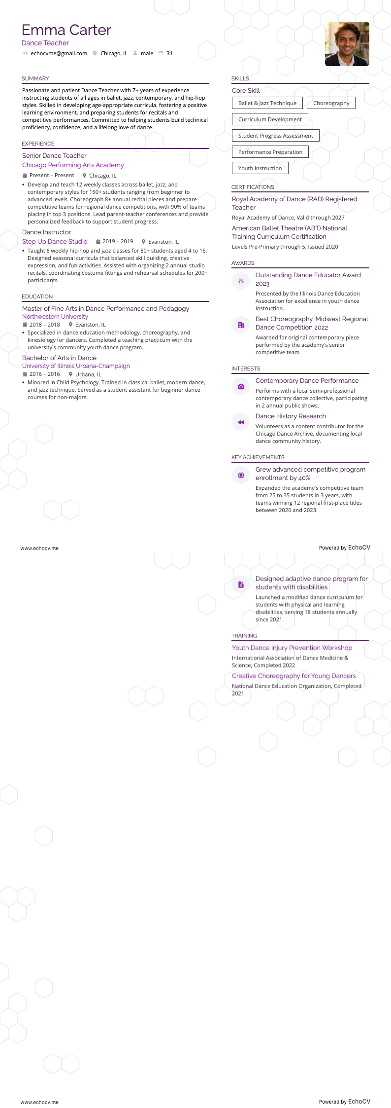 Professor de dança example resume