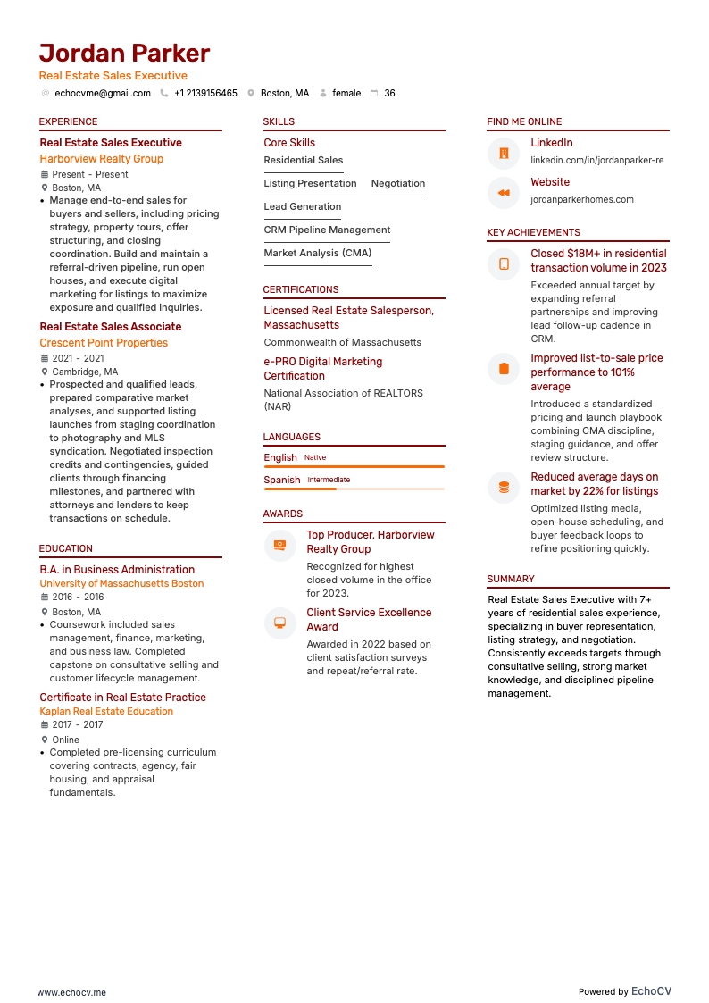 Executivo de vendas imobiliárias example resume