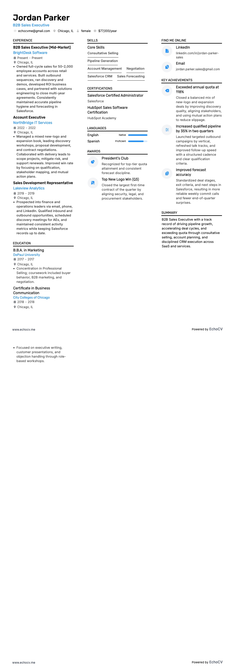 Executivo de Vendas B2B example resume