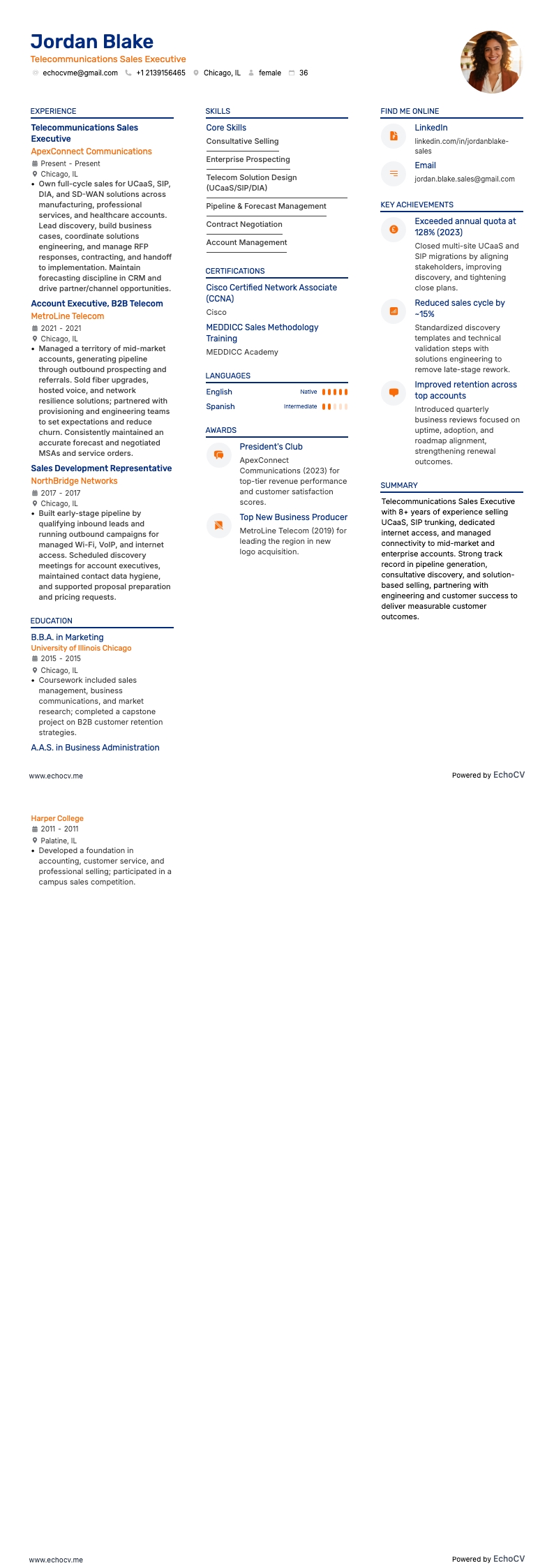 Executivo de Vendas de Telecomunicações example resume