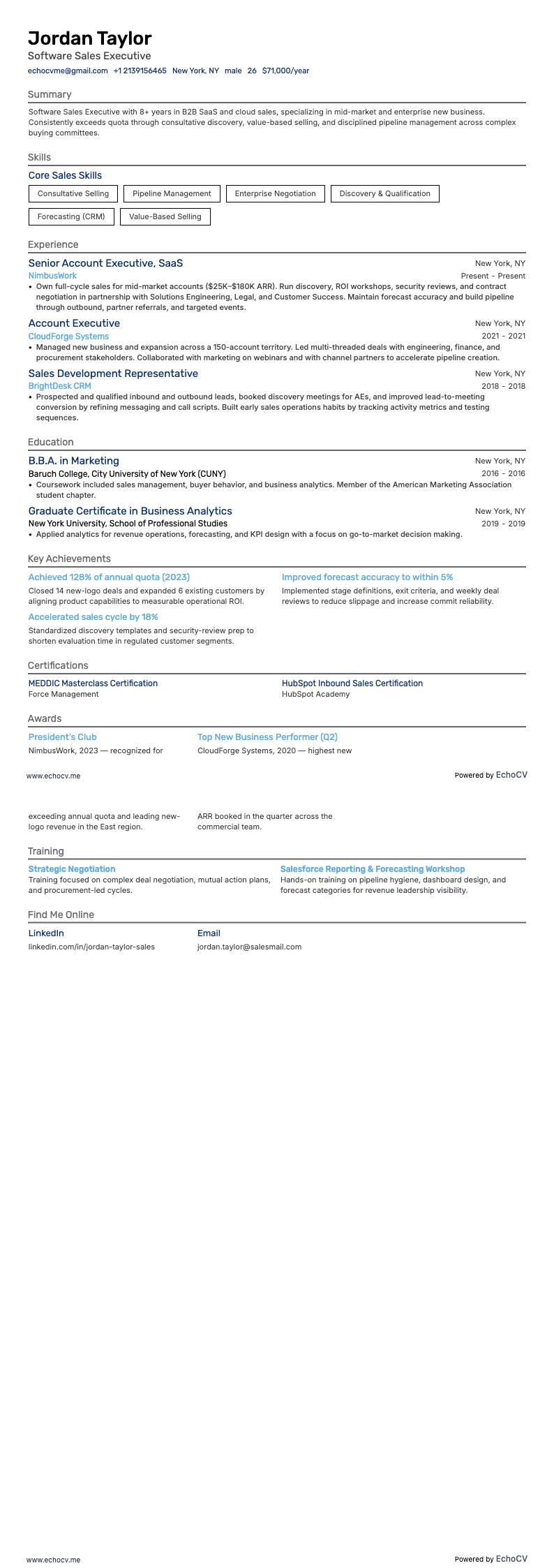 Executivo de vendas de software example resume