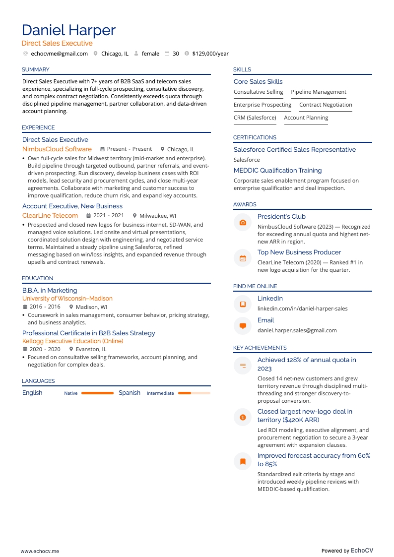 Executivo de Vendas Diretas example resume