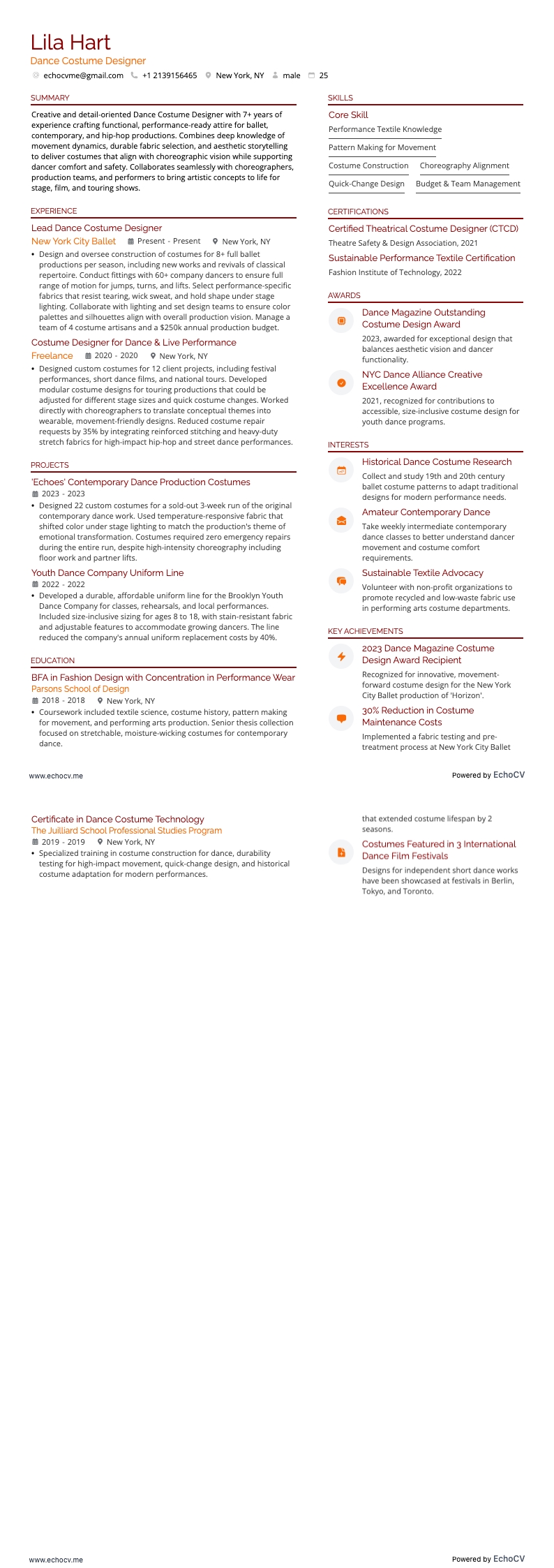 Designer de figurinos de dança resume example