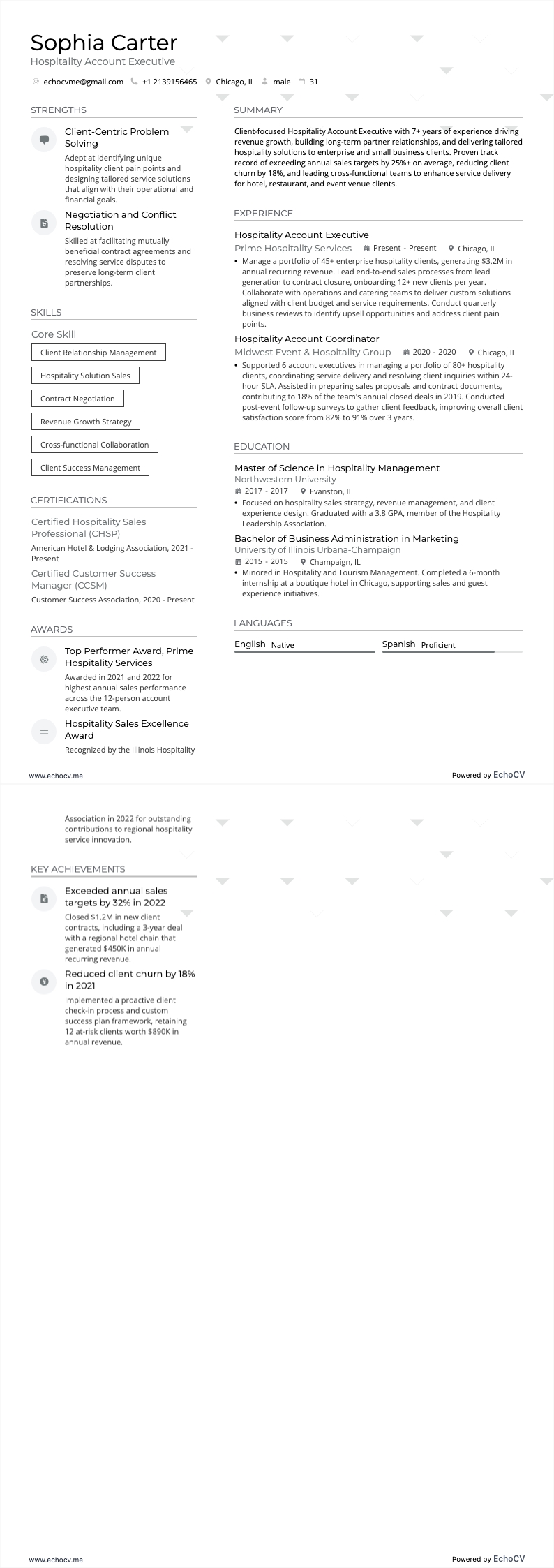 Account Executive im Gastgewerbe example resume