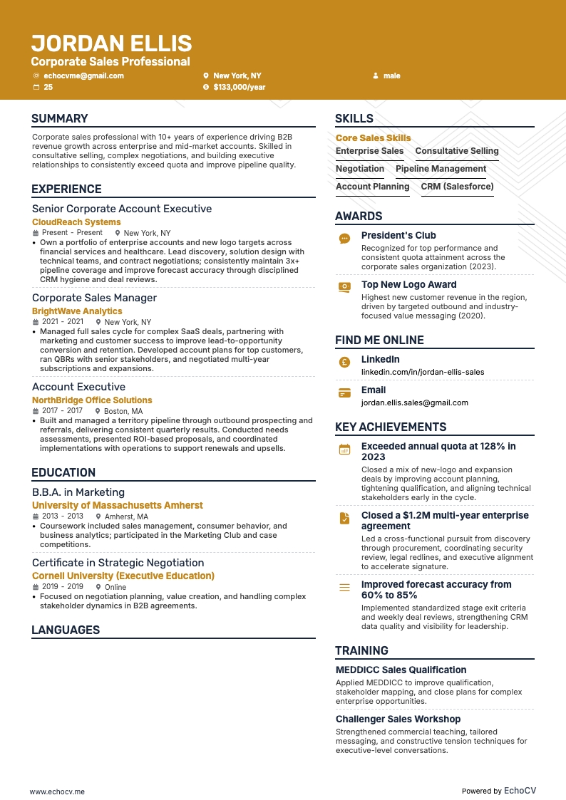 企业销售专员 example resume