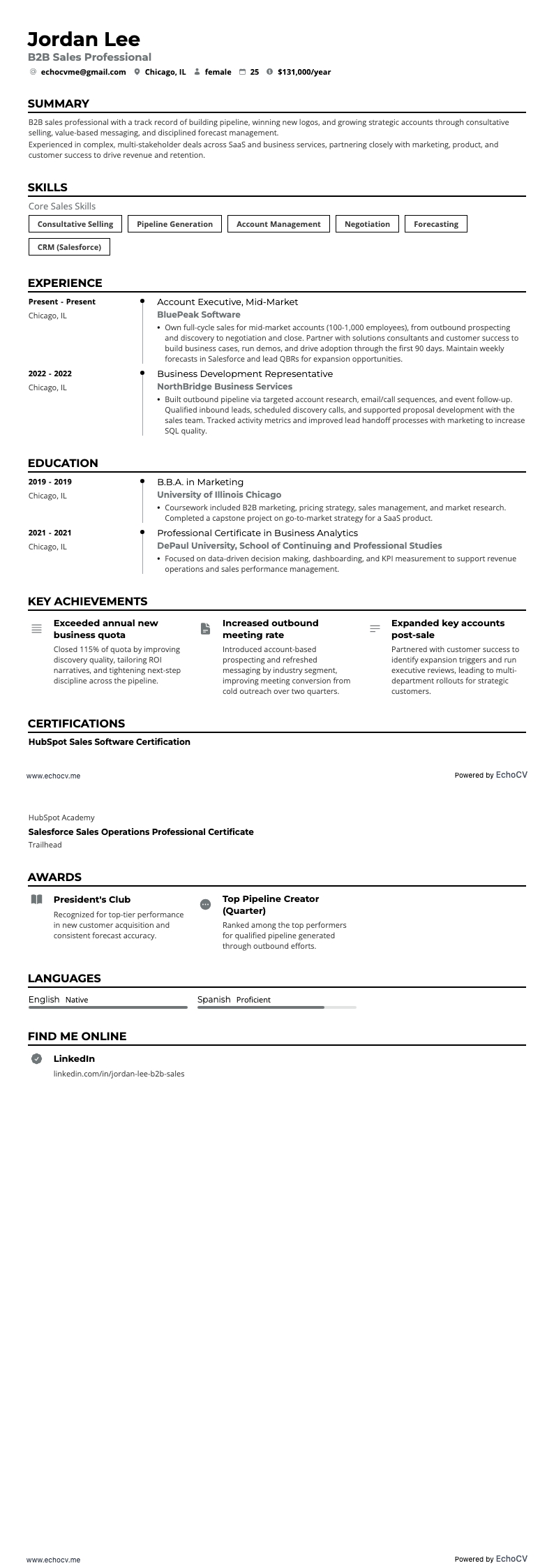 B2B销售专员 example resume