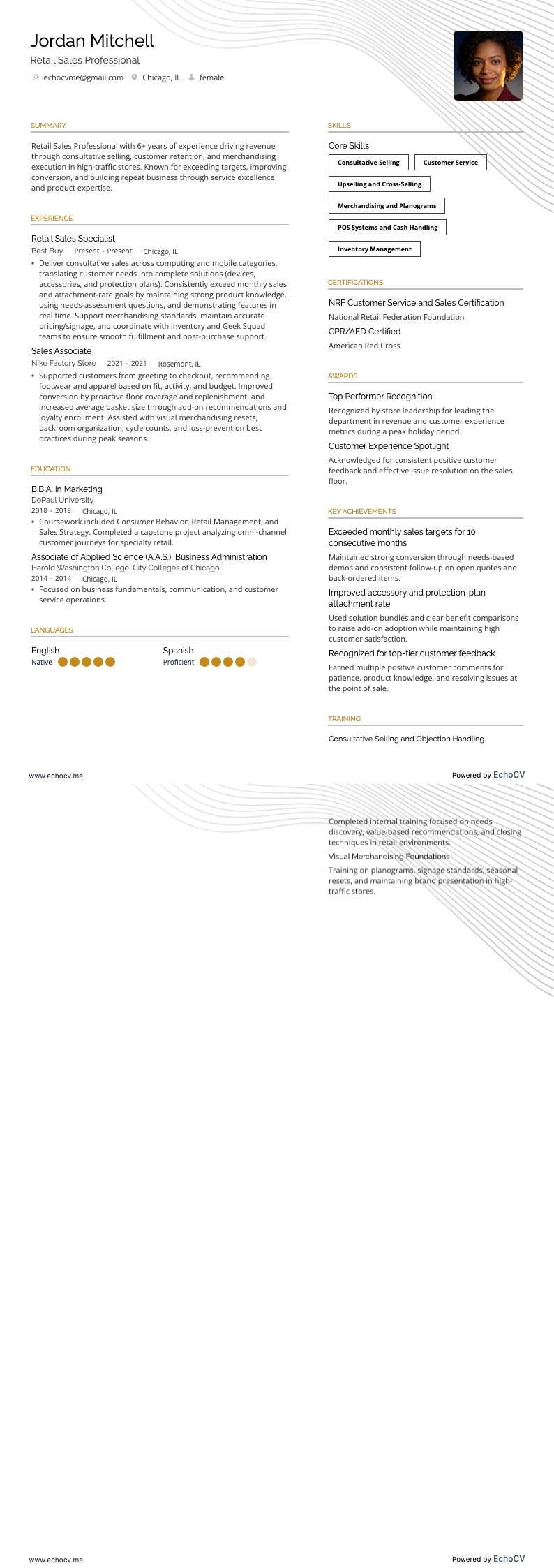 零售销售专员 example resume