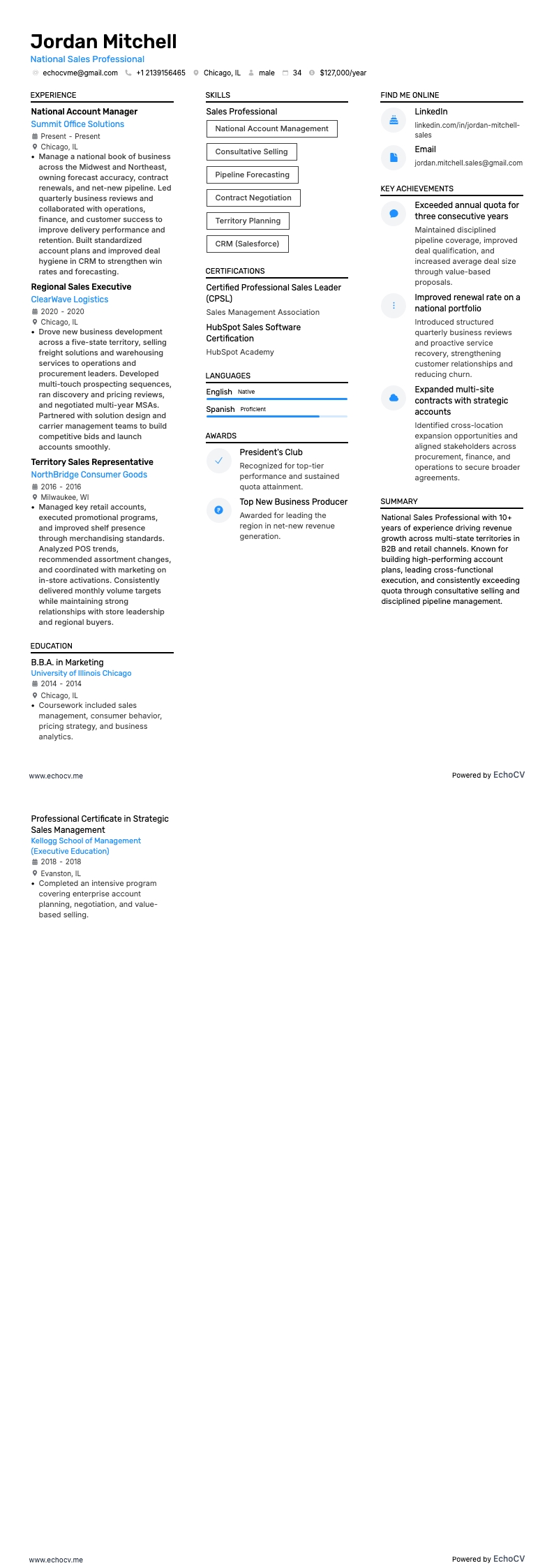 全国销售专员 example resume