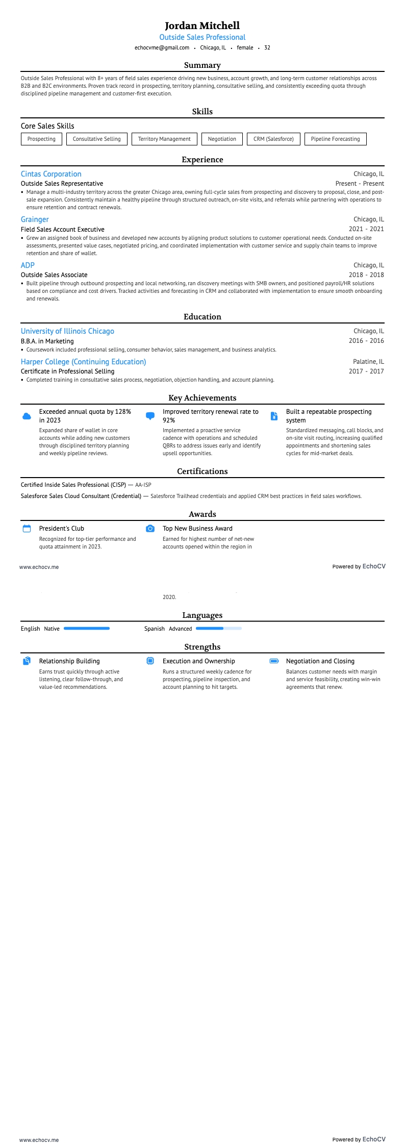外勤销售专员 example resume